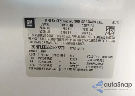 2012 Chevrolet Equinox Lt z USA, uszkodzony, nr VIN 2GNFLEE56C6287270